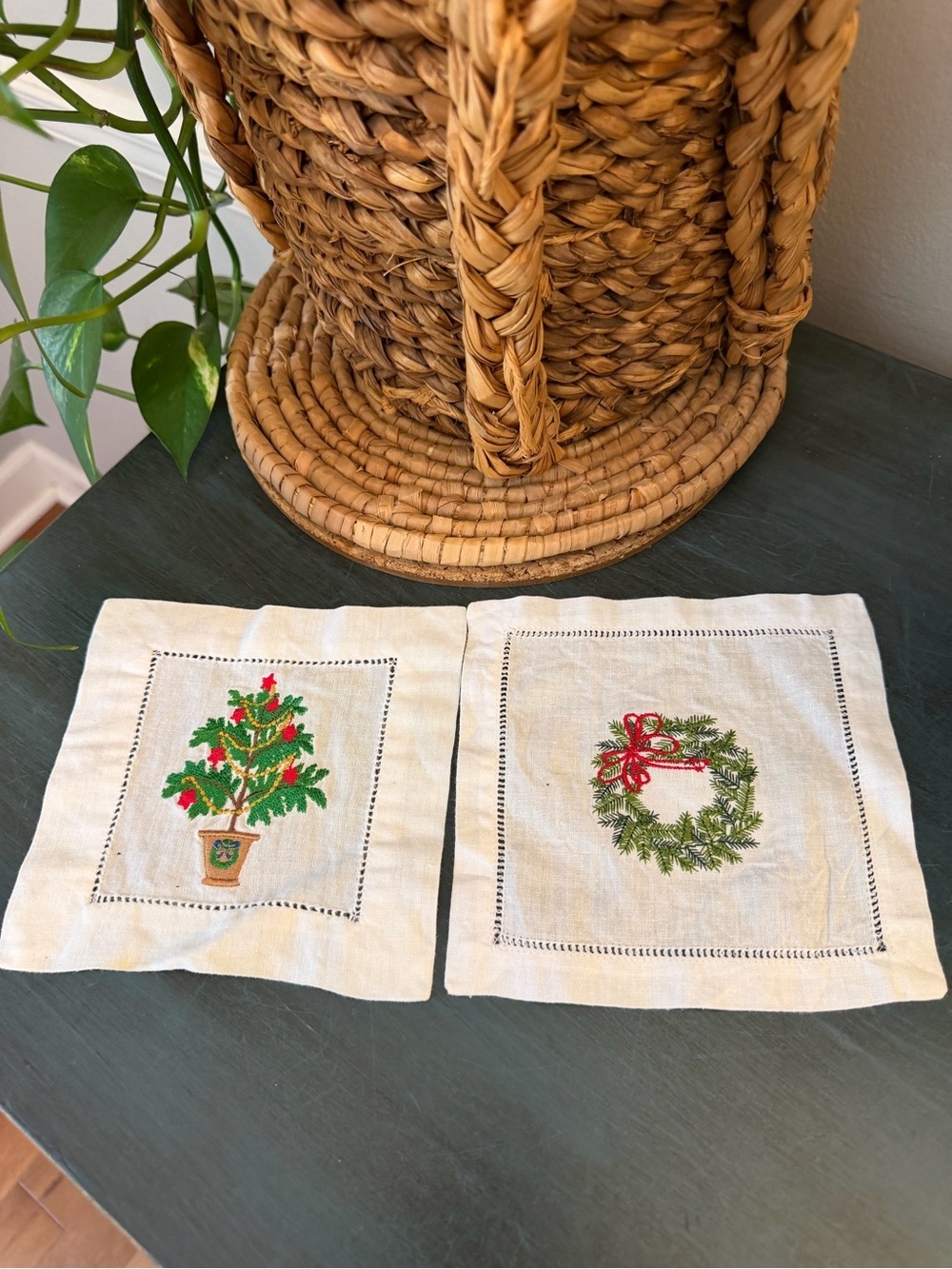 Christmas white hemstitched linen cocktail napkins hand-embroidered Christmas